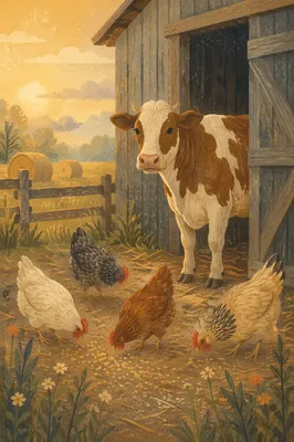 Golden Hour Cow and Chickens Barnyard