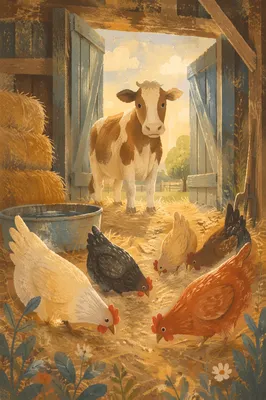 Peaceful Barn Cow and Chickens at Sunrise