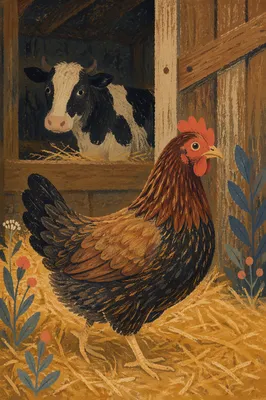 Chicken and Cow in Rustic Barn