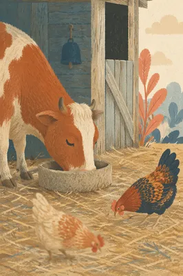 Cow and Chickens in Rustic Barn