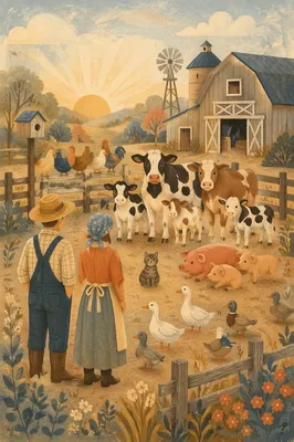 Morning Barnyard Animals by Weathered Wooden Barn