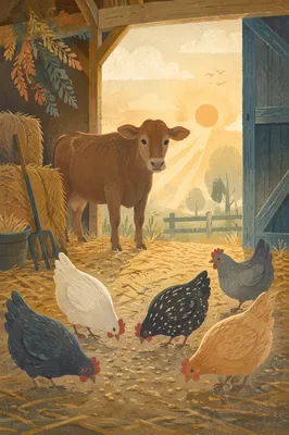 Peaceful Barn Morning with Cow and Chickens