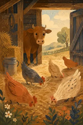 Morning Barn Animals in Golden Straw