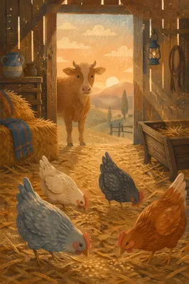 Peaceful Barn Morning With Cow and Chickens