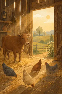 Peaceful Barn Morning With Cow and Chickens