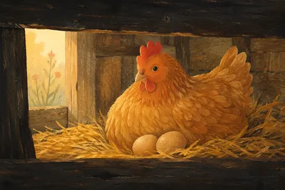 Golden Hen in Rustic Barn Nesting Box