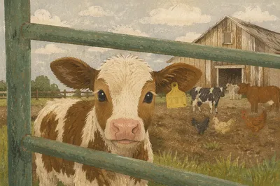 Curious Calf Near Weathered Barn
