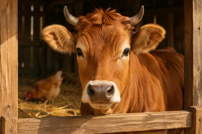 Gentle Brown Cow in Sunlit Barn