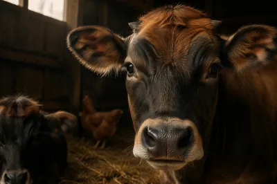 Close-Up Dairy Cow in Rustic Barn