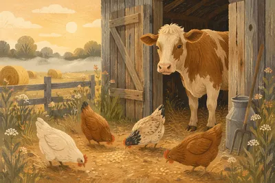 Golden Morning Barnyard Cow and Chickens