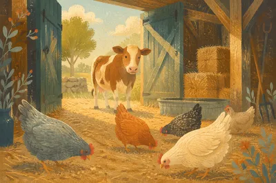 Peaceful Barn Cow and Chickens at Sunrise