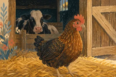 Chicken in Barn with Blurred Cow