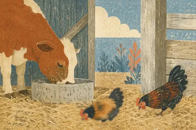 Rustic Barn Cow and Chickens Scene