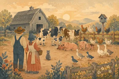 Morning Barnyard Animals Outside Weathered Farm Barn