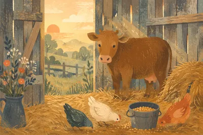 Peaceful Barn Morning With Cow and Chickens