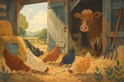 Morning Barnyard Cow and Chickens