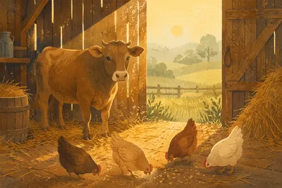 Peaceful Barn Morning With Cow and Chickens