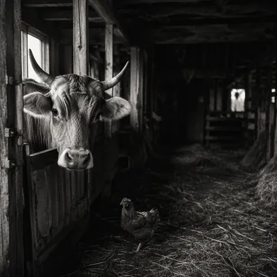 Moody Barn Cow and Chicken Scene