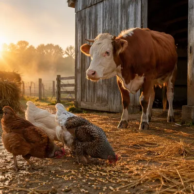 Golden Hour Cow and Chickens Barnyard