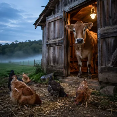 Blue Hour Farm Barn with Cow and Chickens