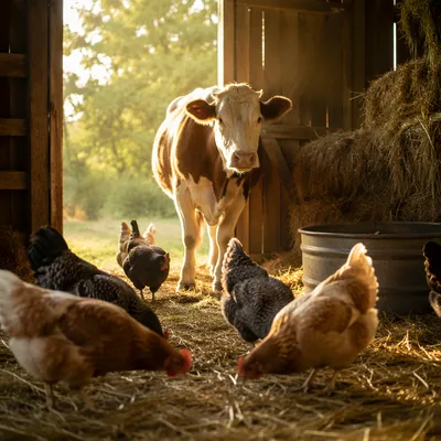 Golden Hour Cow and Chickens Barn Scene