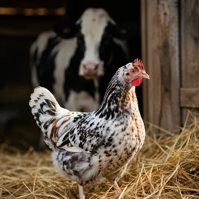 Chicken in Barn with Cow Background