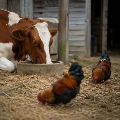 Calm Barn Cow and Chickens Scene