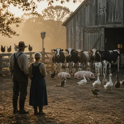 Peaceful Morning Barnyard Animals Gathering