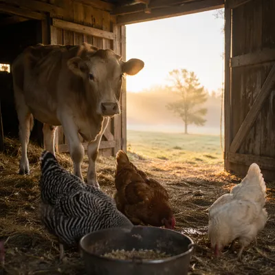 Peaceful Barn Morning with Cow and Chickens