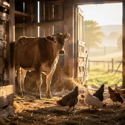 Peaceful Farm Animals in a Morning Barn