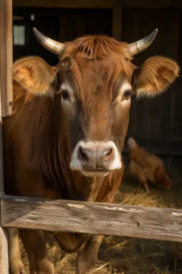 Gentle Brown Cow in Sunlit Barn