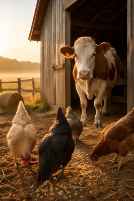 Golden Hour Cow and Chickens Barnyard