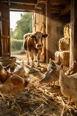 Golden Hour Barn Cow and Chickens