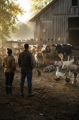 Morning Barnyard Animals Outside Weathered Rural Barn