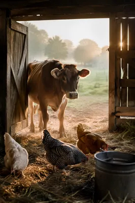 Peaceful Barn Morning With Cow and Chickens