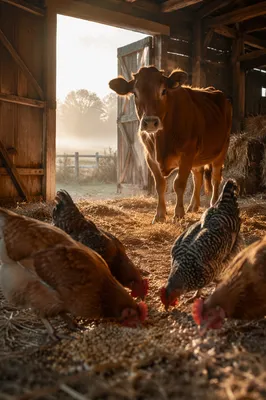 Peaceful Barn Morning with Cow and Chickens