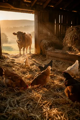 Peaceful Barn Morning with Cow and Chickens