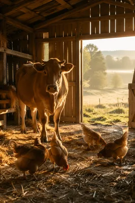 Peaceful Barn Morning with Cow and Chickens