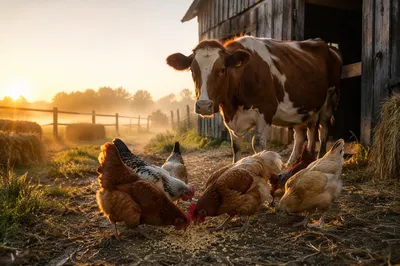 Golden Hour Cow and Chickens Barnyard