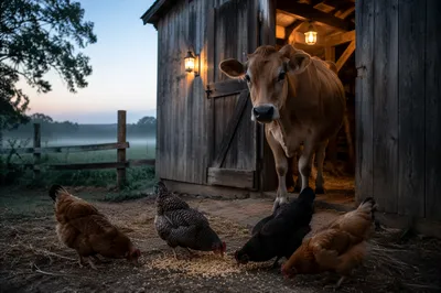 Brown Cow and Chickens at Dawn Barn