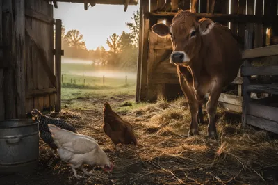 Peaceful Morning Barn With Cow and Chickens