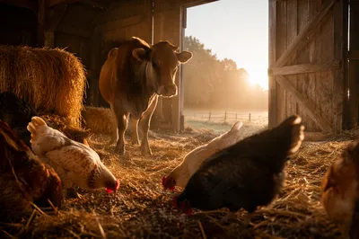 Peaceful Barn Morning with Cow and Chickens