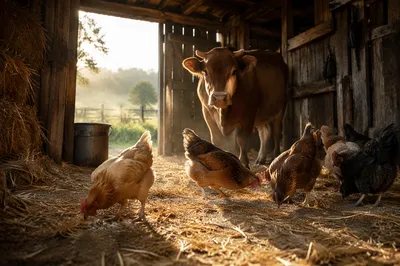 Morning Barn Animals in Golden Straw