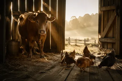 Peaceful Farm Animals in Morning Barn