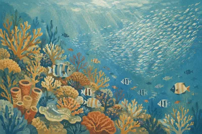 Tropical Coral Reef With Schooling Fish