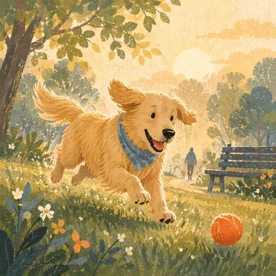 Joyful Golden Retriever Chasing Ball at Sunrise