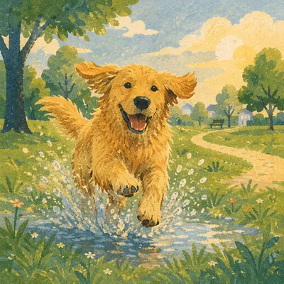 Joyful Golden Retriever Splashing in Spring Park