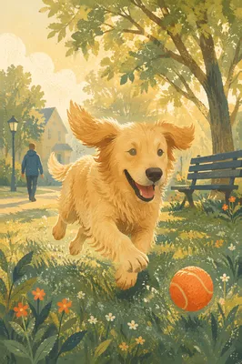 Joyful Golden Retriever Chasing Ball at Sunrise