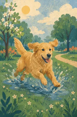 Joyful Golden Retriever Splashing in Park
