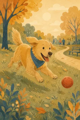 Joyful Golden Retriever Chasing Ball at Sunset